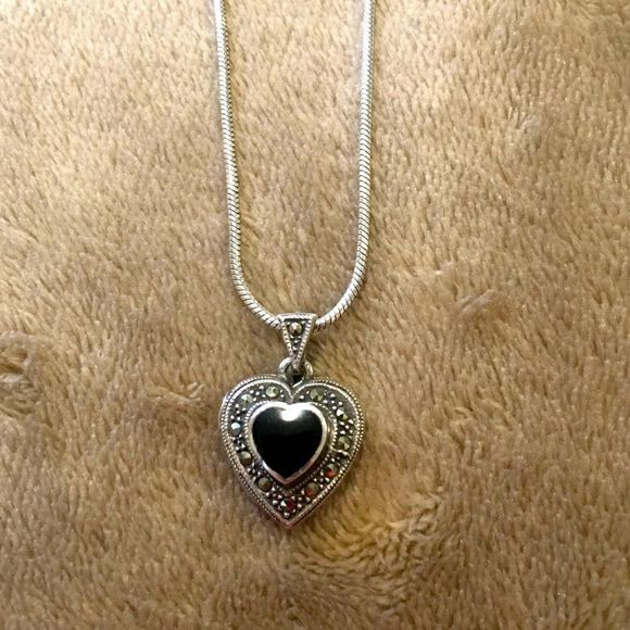 JUDITH JACK Sterling Silver Black Onyx and Marcasite Heart Locket Necklace - Picture 2 of 9